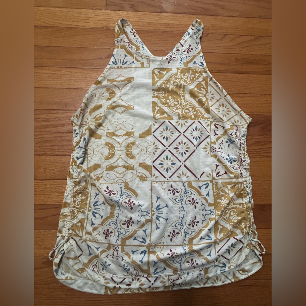 Prana Tank Size L Yellow White Tile Print Amata Yoga Cinched Side Tank Top